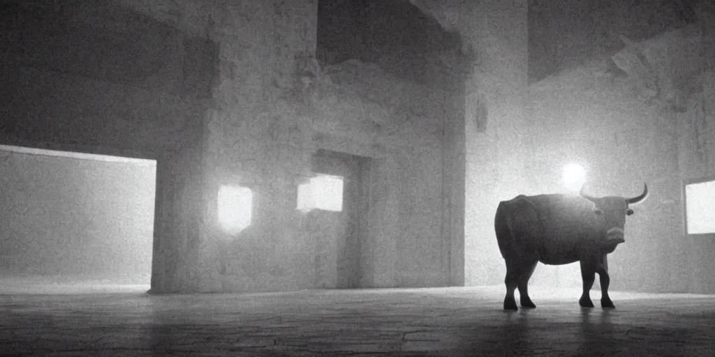 Image similar to light coming out of one bull - like kaiju starfish monster, korean film noir, korean traditional palace, pyongyang city, 1 9 6 0 s, red color bleed, 4 k, video compression, video glitch, monochrome, akira kurosawa, mamoru oshii, wes anderson, stanley kubrick