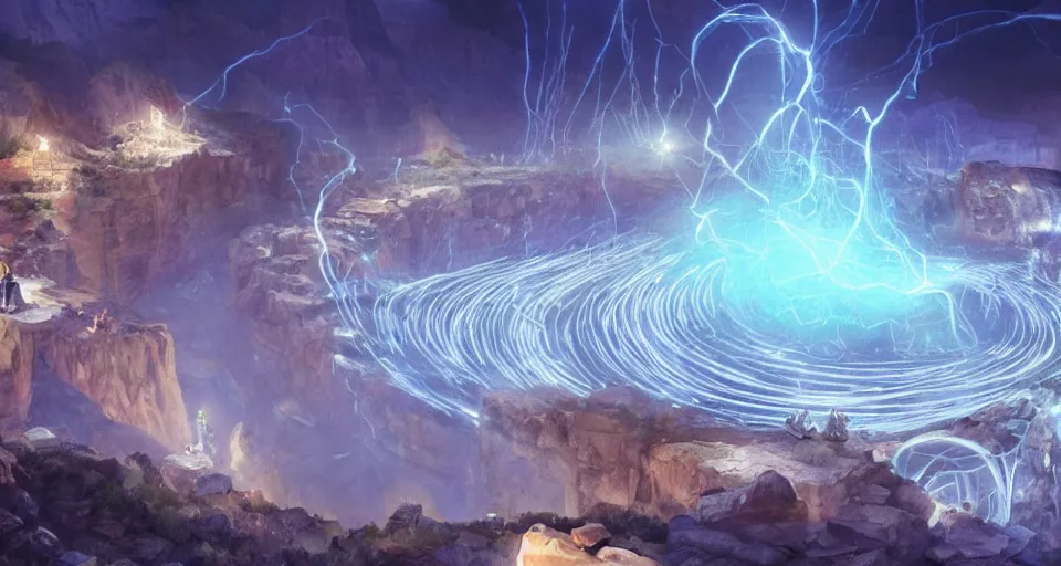 Image similar to night, a lot of people and a spiral - shaped white luminous attractor is floating in grand canyon, concept art, art for the game, professional lighting, art