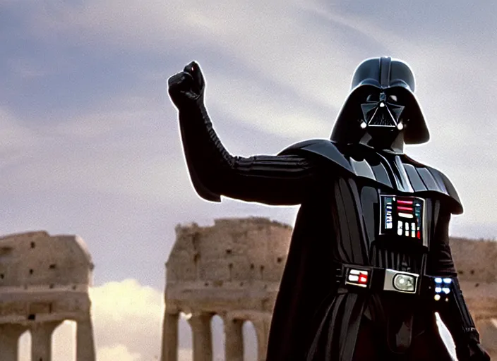 Image similar to film still of Darth Vader as Maximus in the arena with his arms up in Gladiator 2000, 4k