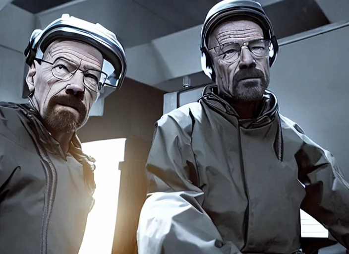 Image similar to film still of Walter White as Gordan Freeman wearing Black Mesa Jumpsuit in the Half Life Movie, 4k