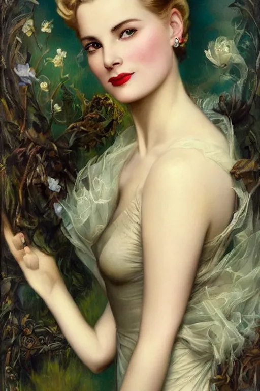 Image similar to a young and extremely beautiful grace kelly infected by night by tom bagshaw in the style of a modern gaston bussiere, art nouveau, art deco, surrealism. extremely lush detail. melancholic scene infected by night. perfect composition and lighting. sharp focus. profoundly surreal. high - contrast lush surrealistic photorealism. laughing, extremely happy.