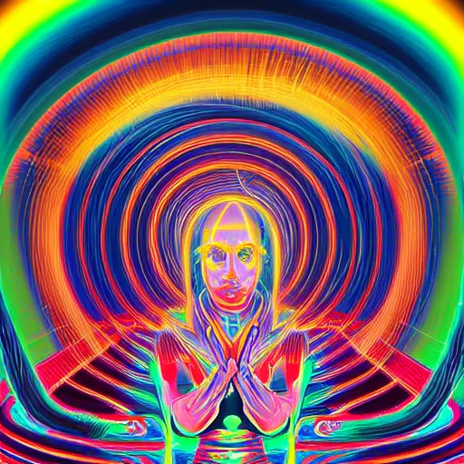 Image similar to a young man steps into a computer screen that is opening up to a new dimension filled with mystical technology, 8k, artstation hd, by alex grey and tara mcpherson