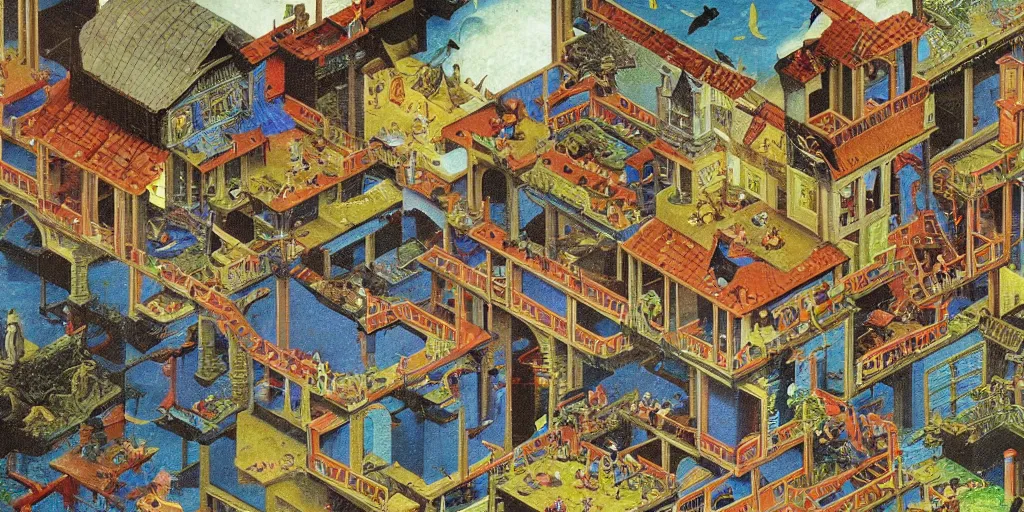 Image similar to the last virtual art museum in a 9 0's video game, made in 1 9 9 0, in the style of mc escher and heironymus bosch, colorful intricate masterpiece, hyper detailed