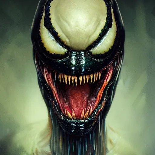 Image similar to portrait of venom, intricate artwork, concept art, octane render, deviantart, cinematic, key art, hyperrealism, iridescent accents, portrait photograph, nikon 3 5 mm, photograph by greg rutkowski