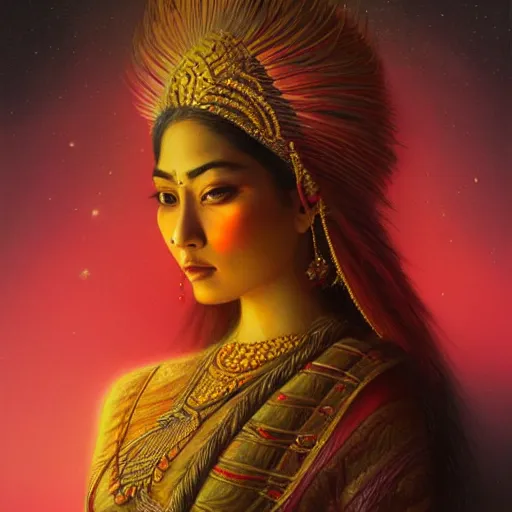 Image similar to portrait of a majestic asian indian queen of beauty, pink and gold, by Anato Finnstark, Tom Bagshaw, Brom