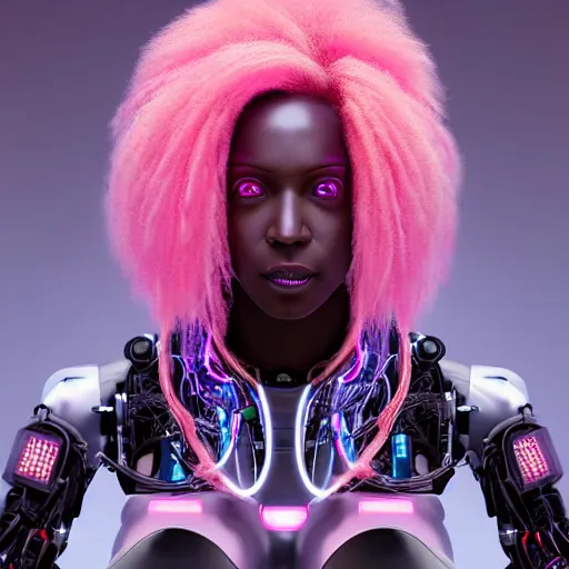 Image similar to portrait of a beautiful dark skinned woman with pink hair as a cyberpunk cyborg half robot, revealing wires and electronics, hooked - up, sci - fi, missing panels, intricate abstract upper body intricate artwork, concept art, octane render, deviantart, cinematic, key art, hyperrealism, iridescent accents, portrait photograph, nikon 3 5 mm, photograph by greg rutkowski