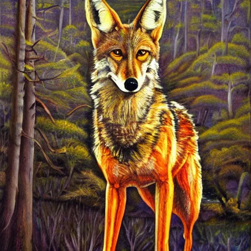 Image similar to a trippy oil painting of a coyote