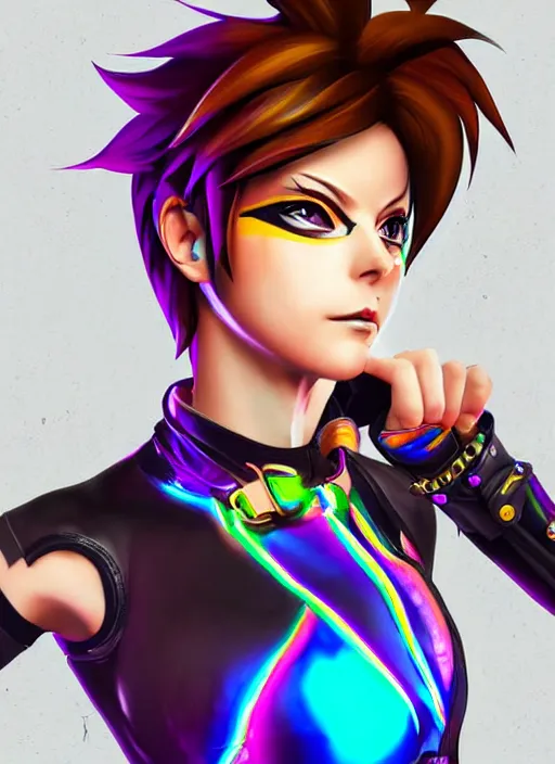 Image similar to portrait bust digital artwork of tracer overwatch, wearing iridescent rainbow latex and leather straps catsuit outfit, neon makeup, in style of mark arian, angel wings, wearing detailed leather collar, chains, black leather harness, detailed face and eyes,