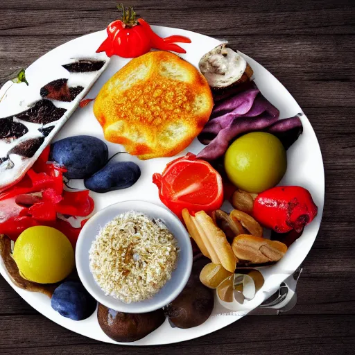 Prompt: a plate of random food on the table, realistic,