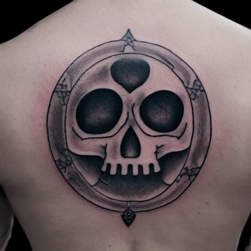 Prompt: yin-yang skull tattoo on a back of a man