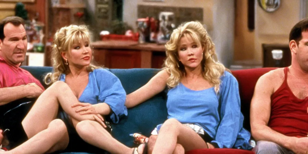Image similar to Kelly Bundy (Christina Applegate) sitting next to Al Bundy (Ed O\'Neill) on the couch, Married with children (1989)