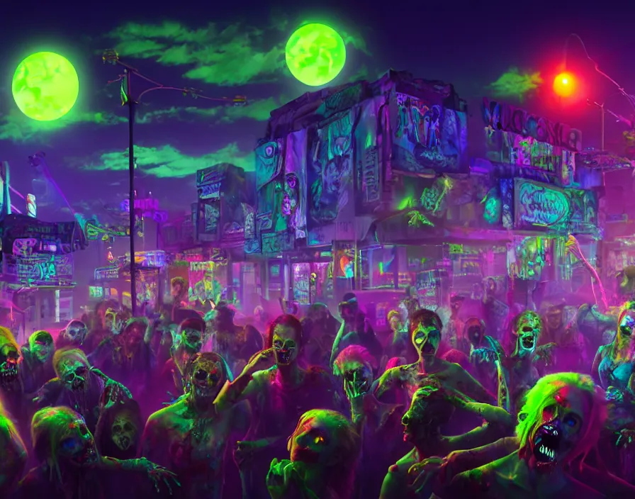 Prompt: Neon Zombie Rave at the moon; cinema quality final production render; dreamworks; art direction by James Cameron; concept by Ben Wanat; by Thomas Kinkade; surface of the moon, glistening in marvelous neon
