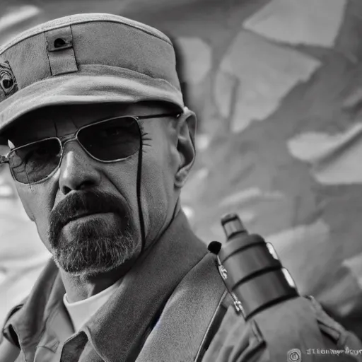 Image similar to water white from breaking bad dressed as an army commander, 1 9 4 5, sharp focus, hyper realistic, sony 3 5 mm lens