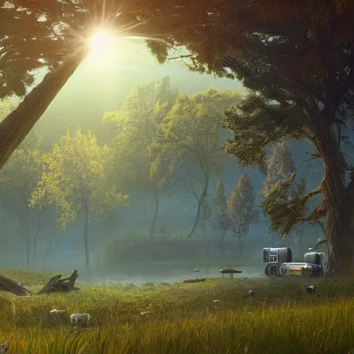 Image similar to scenery of a beautiful rural landscape at dawn with a big hovering steampunk space ship, in the style of simon stalenhag. light rays from the tree tops, small river on the ground, hypermaximalistic, high details, cinematic, 8 k resolution, beautiful detailed, insanely intricate details, artstation trending, octane render, unreal engine