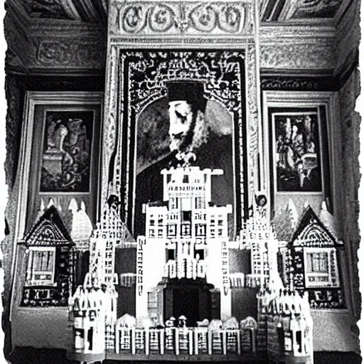 Image similar to ivan the terrible in his palace in moscow play with lego castle, kodak, old photo, black and white, film, wide lens, 1 6 mm,