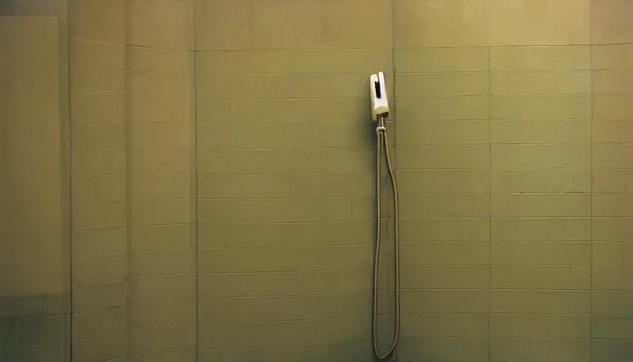 Prompt: 60s movie still of a sovietic stalinist style empty clean prison shower with yellow tiles and tryophobia, cinestill 800t 50mm eastmancolor, liminal Space style, heavy grain