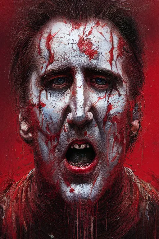 Image similar to Many faces of Nicolas Cage which crawls under the hood of distorted creature, dark fantasy, intricate, red, highly detailed, smooth, artstation, painted by Wayne Barlowe, Greg Rutkowski, zdislav beksinski, Francis Bacon