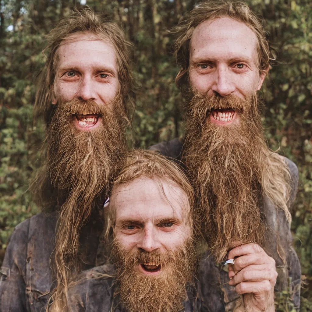 Image similar to extremely skinny malnourished redneck white male with long beard, wearing dirty overalls, dirty greasy face, grin, portrait, close up, kodak gold 2 0 0, 5 0 mm,