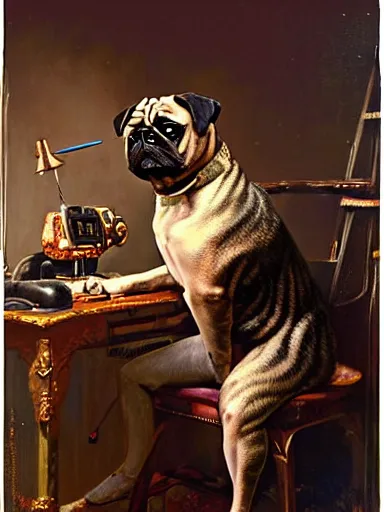 Image similar to a portrait of a man depicted as a brindle pug dogman canine, rupaul ’ s drag race, sitting in front of a sewing machine, explosions. highly detailed painting by gaston bussiere, craig mullins, j. c. leyendecker, furry