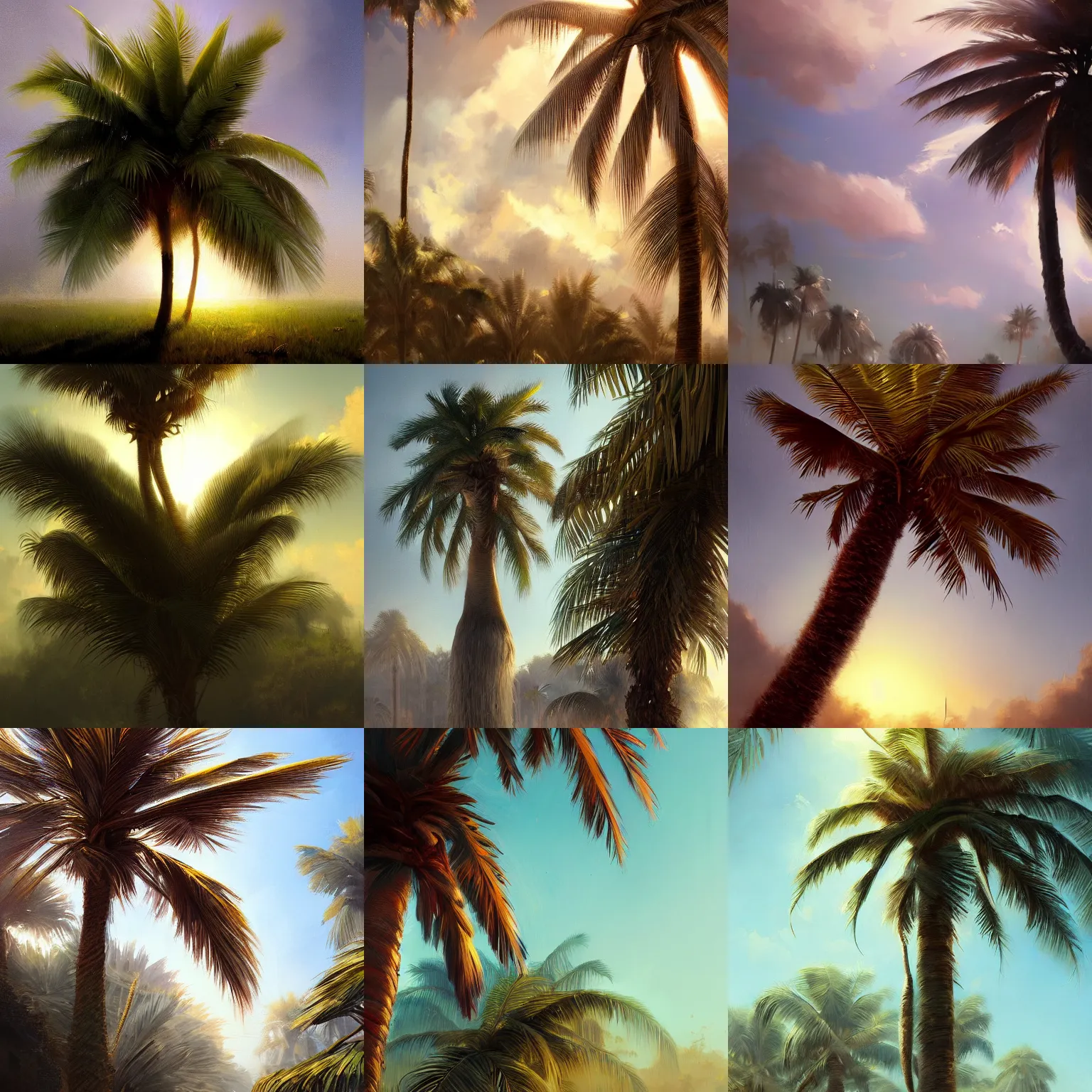 Prompt: beautiful aesthetic inspirational digital oil painting of a close - up palm tree, by greg rutkowski, ultra detailed, fine details, trending on artstation, volumetric light.