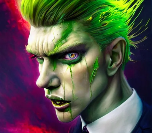 Image similar to a Demon Slayer portrait ofDonald Trump , tall, pale-skinned, and slender with lime green eyes and long eyelashes by Stanely Artgerm,Tom Bagshaw,arthur adams,Carne Griffiths,trending on DeviantArt,street art,face enhance,chillwave,maximalist,full of color, glittering