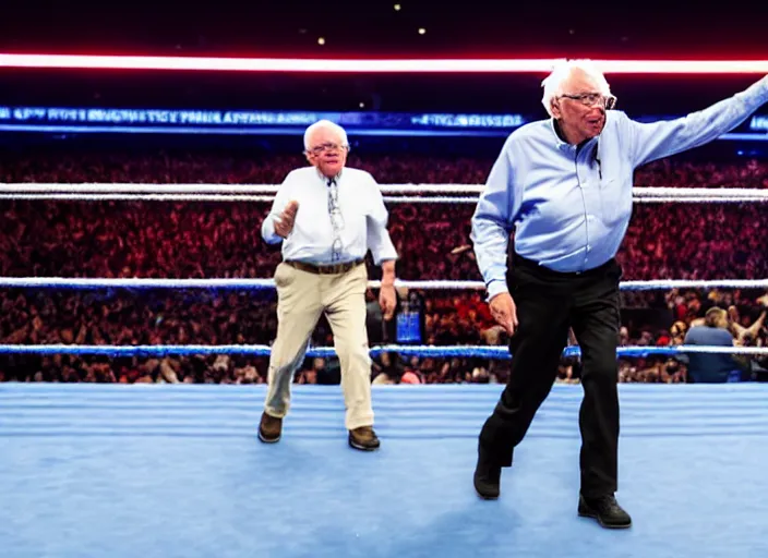 Image similar to photo still of bernie sanders in the ring at wrestlemania 3 6!!!!!!!! at age 7 8 years old 7 8 years of age!!!!!!! with a t - shirt gun, 8 k, 8 5 mm f 1. 8, studio lighting, rim light, right side key light