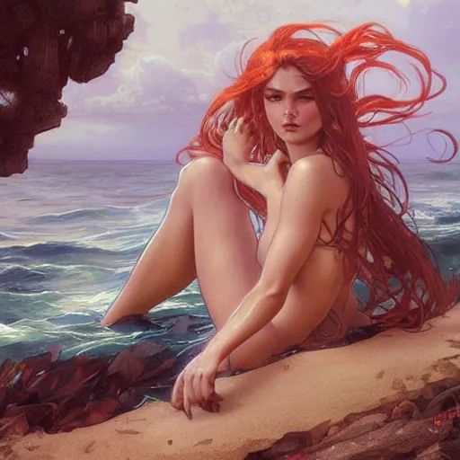 Image similar to beautiful mermaid emerging from the ocean, highly detailed, digital painting, artstation, concept art, sharp focus, illustration, art by artgerm and greg rutkowski and alphonse mucha