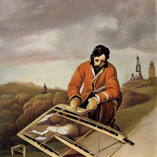 Image similar to a beautiful complex painting of a male engineer building a plane in the style of the paintings in 1 8 0 0 s