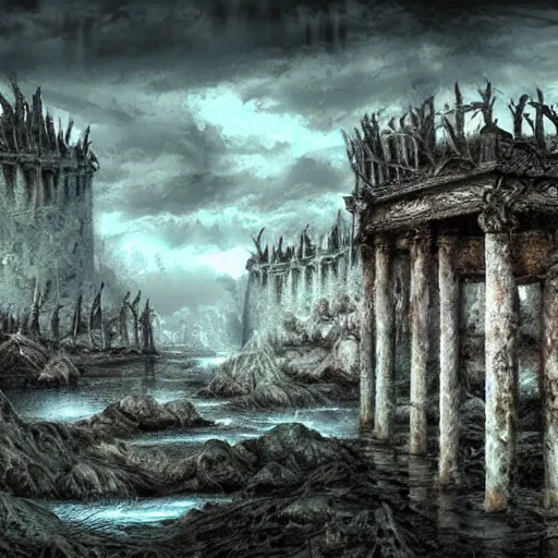 Prompt: landscape in hell, river styx, ruins, fortresses, dark, hellscape, digital art