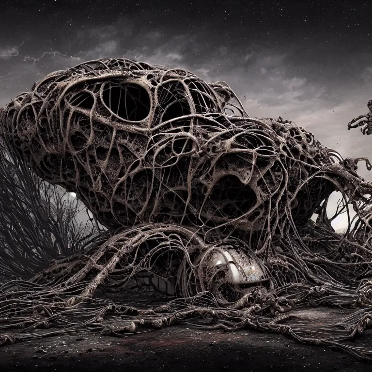 Image similar to ribbed abandoned biomechanical organic crashed car wreck on exoplanet at night, in a desolate empty wasteland, covered with organic roots, wires, tentacles, creepy, nightmare, dream-like heavy atmosphere, surreal abandoned buildings, baroque painting, beautiful detailed intricate insanely detailed octane render trending on Artstation, 8K artistic photography, photorealistic, chiaroscuro, cinematic volumetric light, Raphael, Caravaggio, Beksinski, Giger