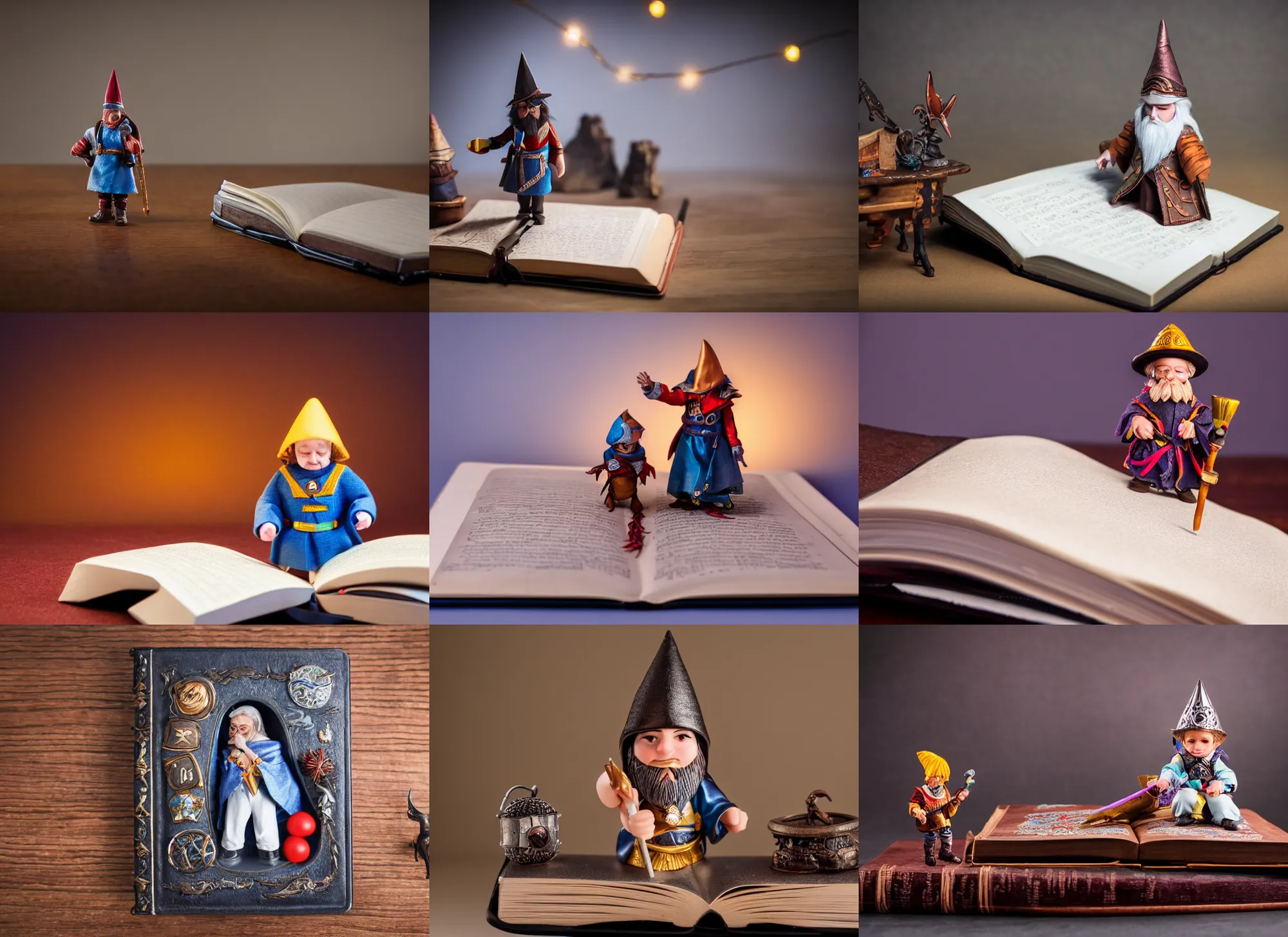 Prompt: photo still of miniature wizard on large spell book, 8 k, studio lighting bright ambient lighting key light, 8 5 mm f 1. 8