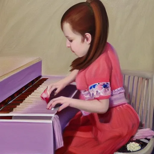 Prompt: highly detailed painting of russian girl playing a pink keyboard with a cup of tea, realistic,