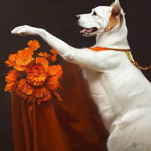 Prompt: oil painting portrait of white and orange anthropomorphized kooiker dog wearing royal clothes, highly detailed, digital painting, artstation, concept art, sharp focus, illustration, art by leyendecker and greg rutkowski and alphonse mucha