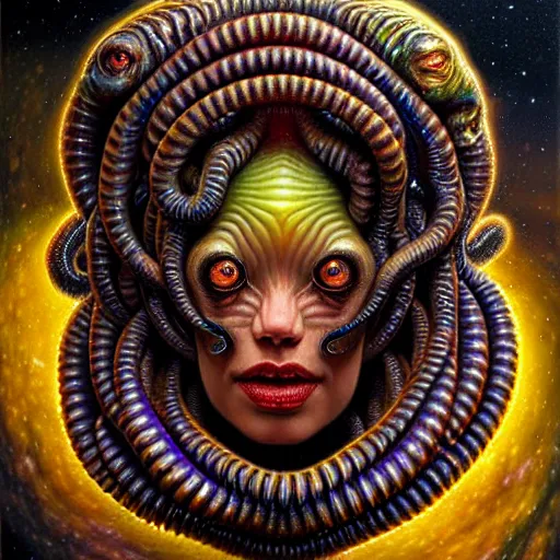Image similar to uhd photorealistic cosmic lovecraftian gorgon in space. amazing detail, correct face, bizarre looking, by karol bak and zawadzki, hyperdetailed. intricate details with studio lighting.