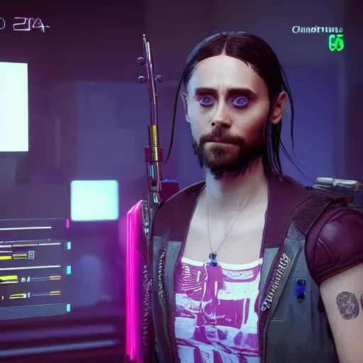 Image similar to Jared Leto in cyberpunk 2077 extremely high quality unreal engine 5 8k hyperdetailed photorealism