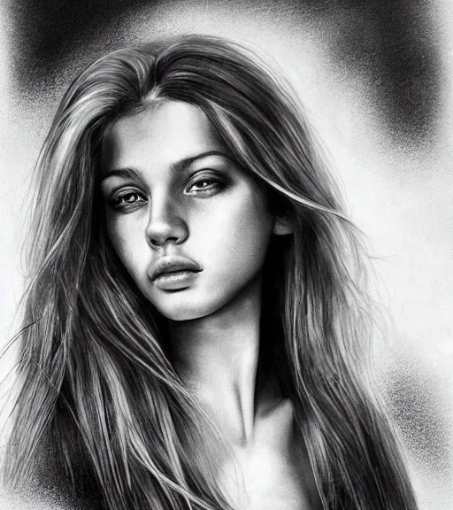 Image similar to a beautiful girl portrait, faded mountain background, realism tattoo, in the style of den yakovlev, black and white, hyper realistic, highly detailed