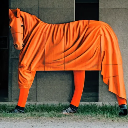 Image similar to horse with orange inmate clothes, in a jail