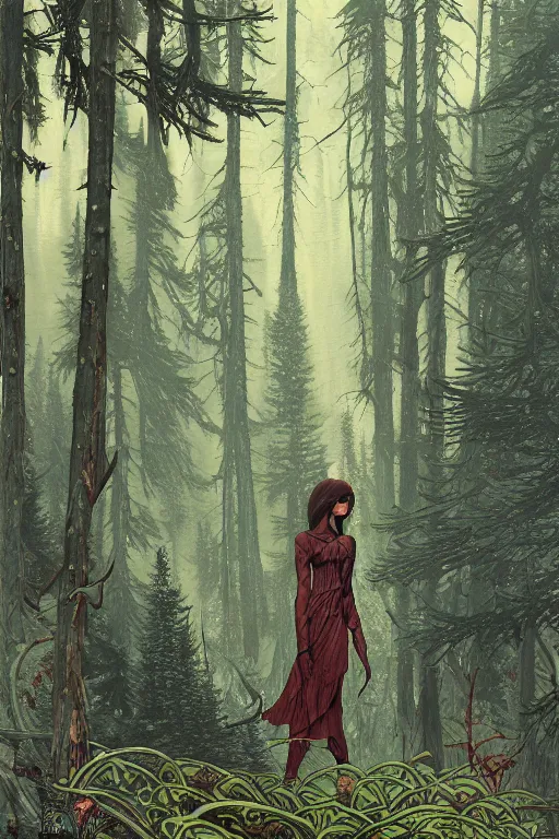 Prompt: dark elf in a pine forest at saturn. highly detailed, digital painting, watercolor, soviet realism, engraving, artstation, concept art, smooth, sharp focus, vivid grunge, manga, illustration, unreal engine 5, 8 k, art by bilibin and kuvshinov and malevich and mucha