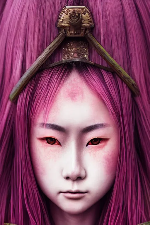 Image similar to highly detailed beautiful photo of a young female samurai, symmetrical face, beautiful eyes, pink hair, realistic anime art style, 8 k, award winning photo, pastels colours, action photography, 1 / 1 2 5 shutter speed, sunrise lighting