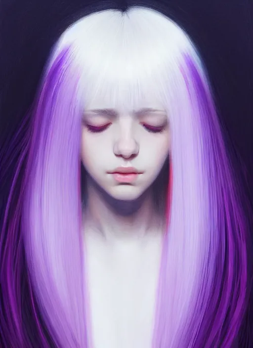 Image similar to hair whitebangs hair, black hair, whitebangs, portrait of teenage girl with white bangs, red irises, purple clothes, white bangs, bangs are different color from hair, intricate, elegant, glowing lights, highly detailed, digital painting, artstation, concept art, smooth, sharp focus, illustration, art by wlop, mars ravelo and greg rutkowski