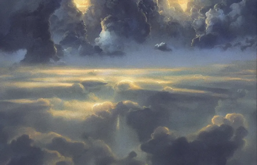 Image similar to Gates of heaven in the clouds by ralph mcquarrie, concept art, ultra realistic, super detailed, photorealistic, cinematographic, epic lighting, religious