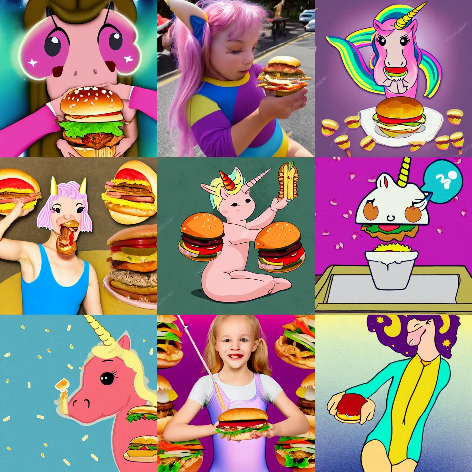 Prompt: unicorn in a leotard eating hamburger