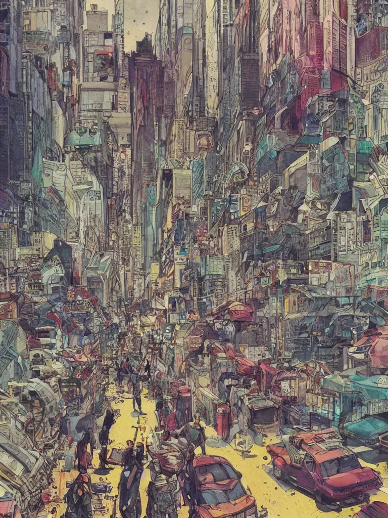 Image similar to busy futurepunk streetcorner, intricate colorful watercolor and ink artwork by moebius. trending on artstation, very coherent symmetrical artwork. cinematic, hyper realism, high detail