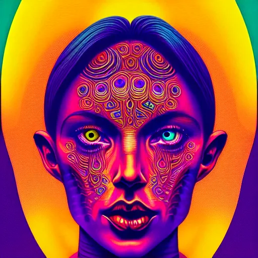 Image similar to An extremely psychedelic portrait, surreal, LSD, face, detailed, intricate, elegant, lithe, highly detailed, digital painting, artstation, concept art, smooth, sharp focus, illustration, art by Kilian Eng