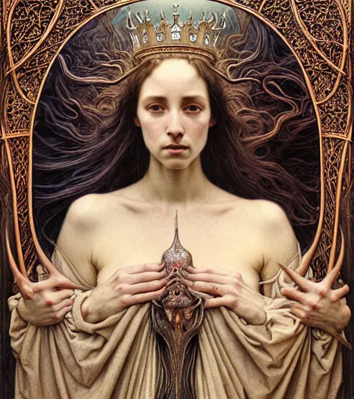 Image similar to detailed realistic beautiful young medieval queen face portrait by jean delville, gustave dore and marco mazzoni, art nouveau, symbolist, visionary, gothic, pre - raphaelite. horizontal symmetry by zdzisław beksinski, iris van herpen, raymond swanland and alphonse mucha. highly detailed, hyper - real, beautiful