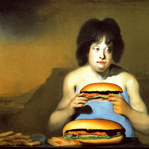 Prompt: burger king eating a burger by francisco goya