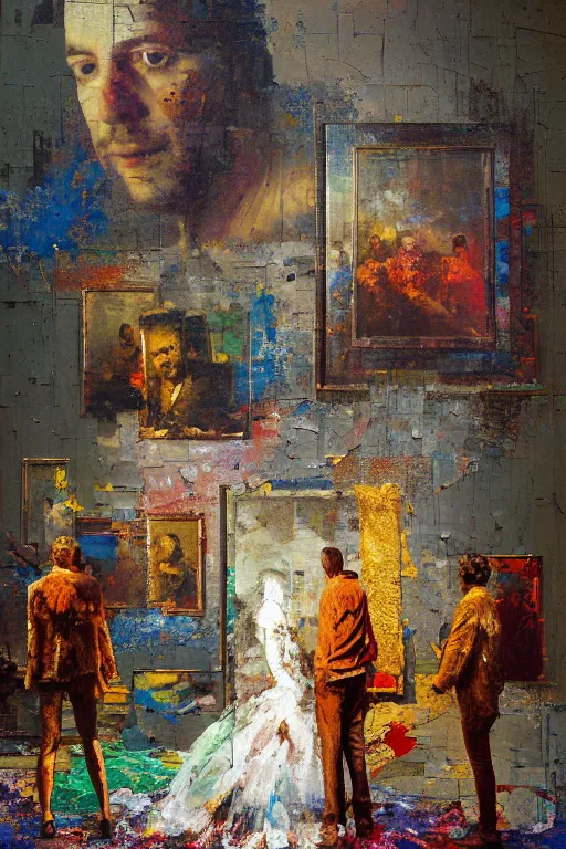 Image similar to a beautiful glitched painting by robert proch of people in front of a painting in a museum gallery, metal rust and plaster materials, pixel sorting, color bleeding, brushstrokes by jeremy mann, still life, dark colors