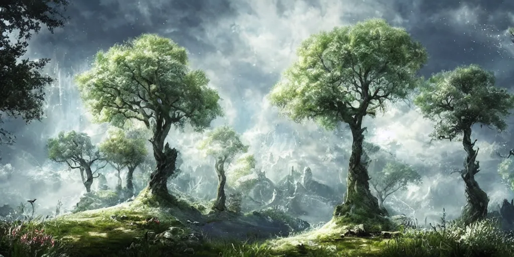 Image similar to a fantasy landscape with white beautiful trees