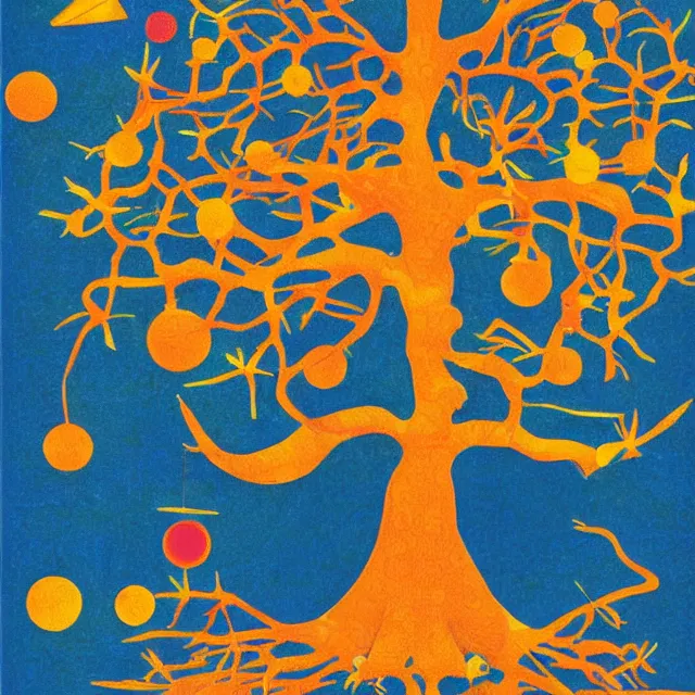 Prompt: the tree of life in a minimalist collage of geometric shapes, tetrachromacy, primary colors, in the style of ikko tanaka, japanese graphic design, 1 9 8 0, by ernst haeckel