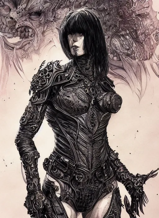 Prompt: a black haired woman in a leather jacket, muscular upper body, abs, d & d, fantasy, intricate, elegant, highly detailed, digital painting, artstation, concept art, smooth, sharp focus, illustration, art by philippe druillet